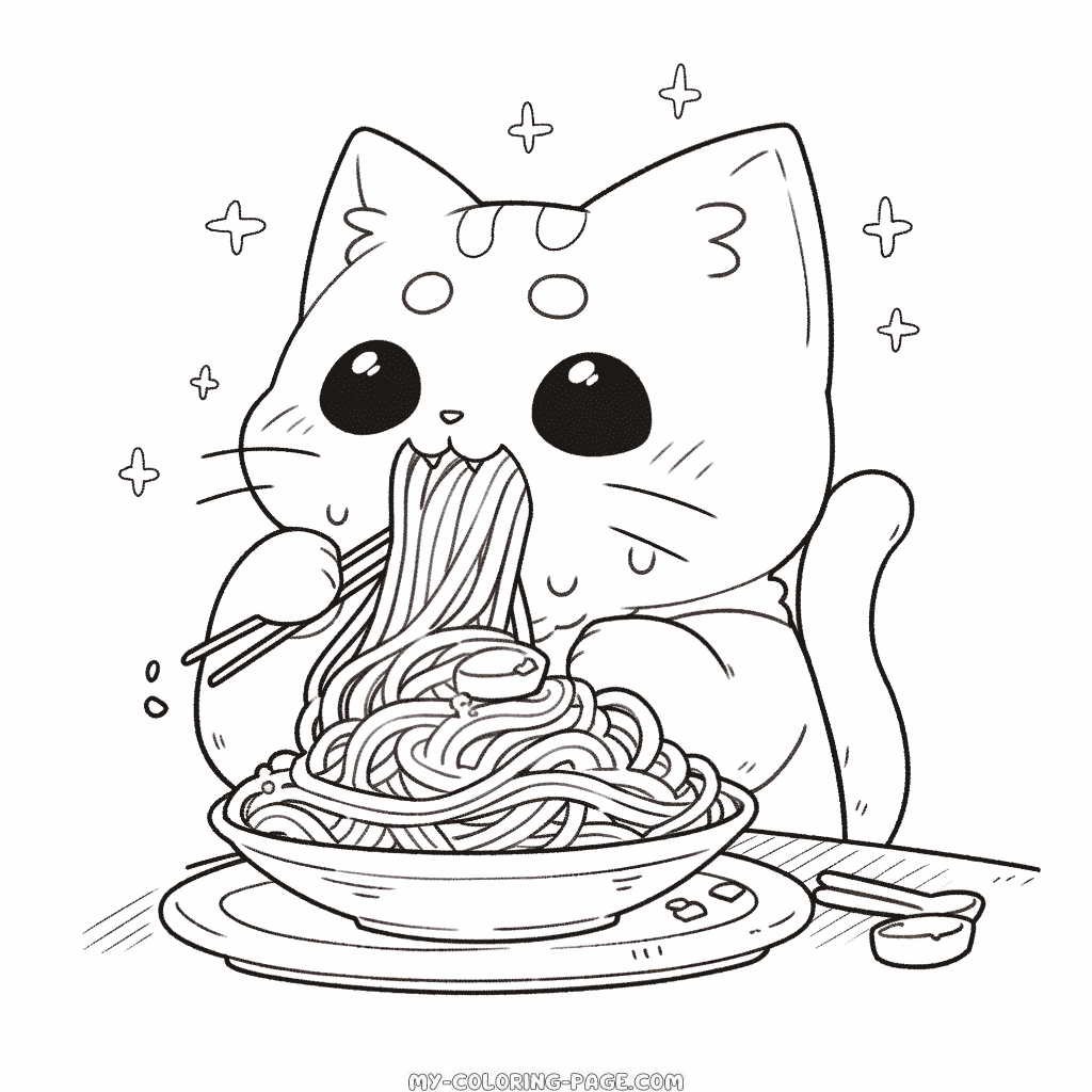 Cat eating pasta coloring page