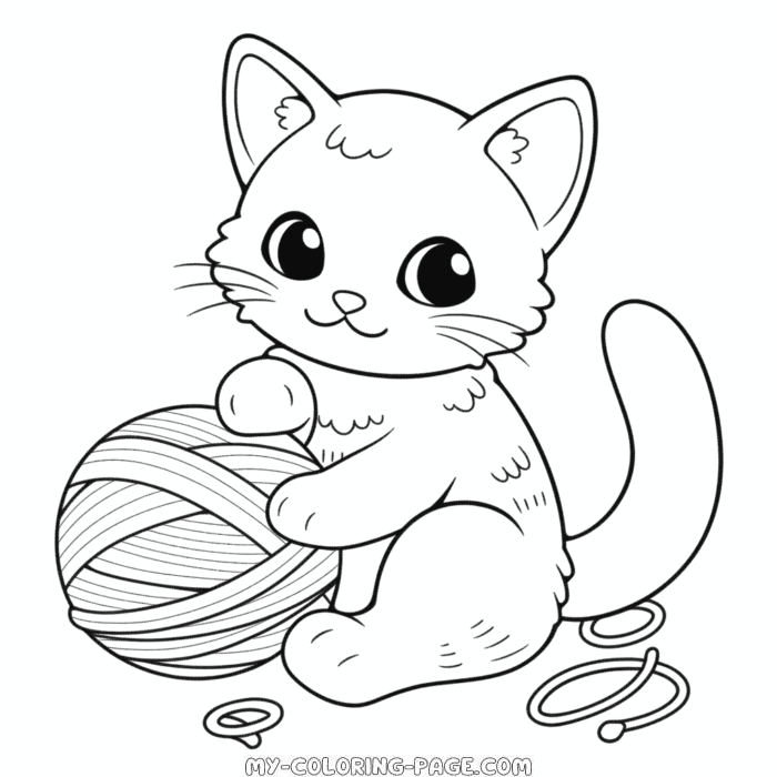 Cat With Ball Of Yarn Coloring Page 