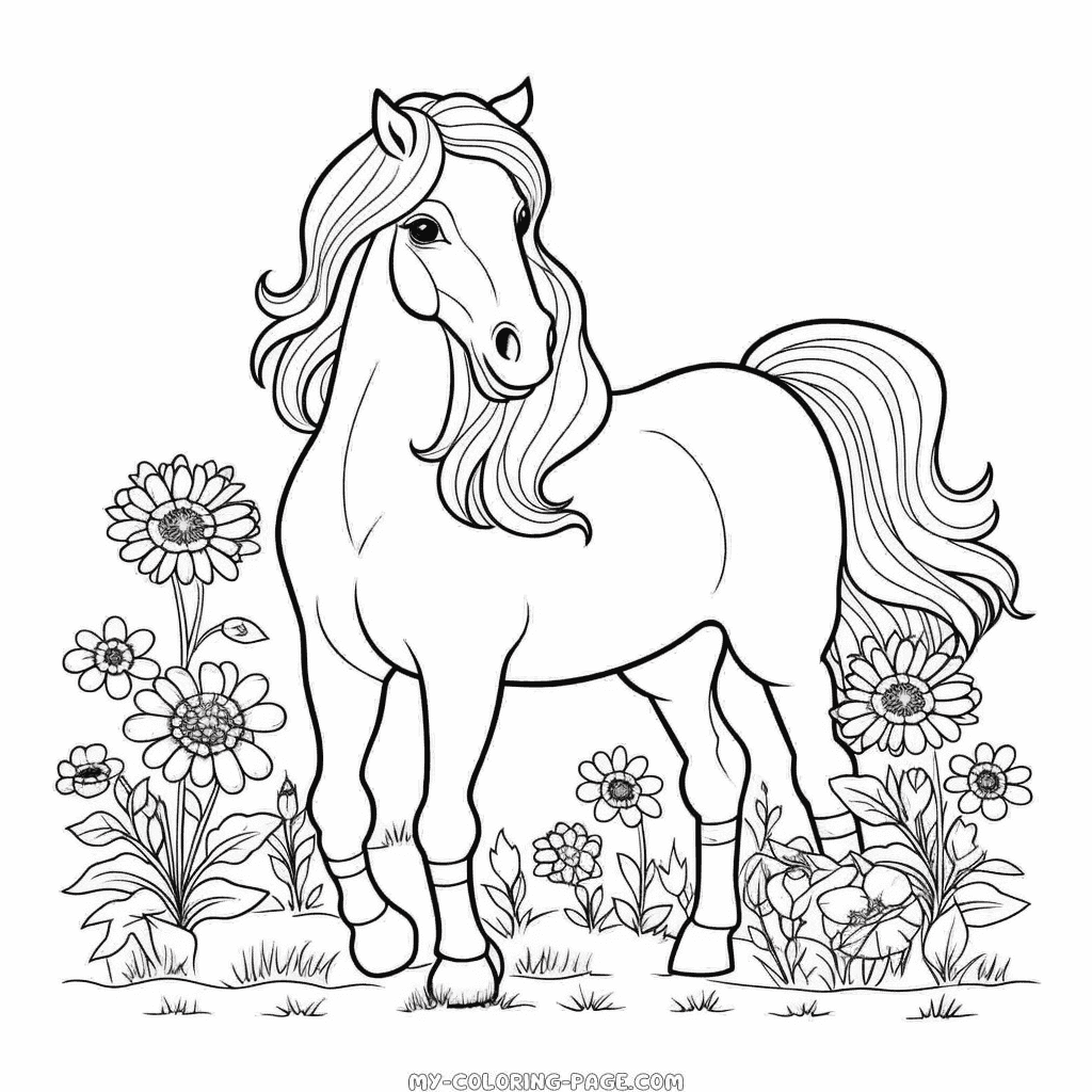 Horse and daisies coloring page