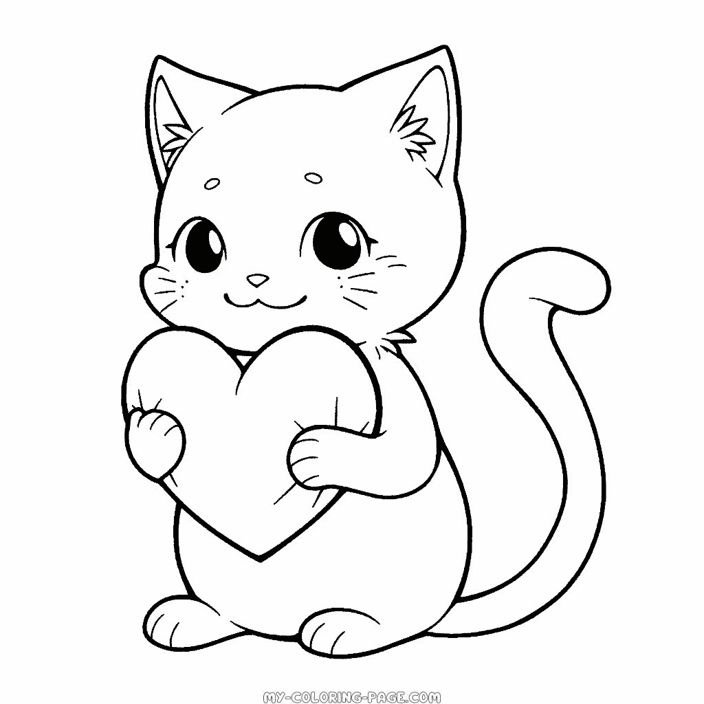Valentine cat with heart coloring page | My Coloring Page